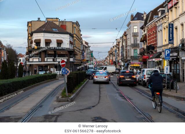 Anderlecht, Brussels Capital Region - Belgium. Traffic at the Rue Wayez, a bussy shopping lane with railway tracks