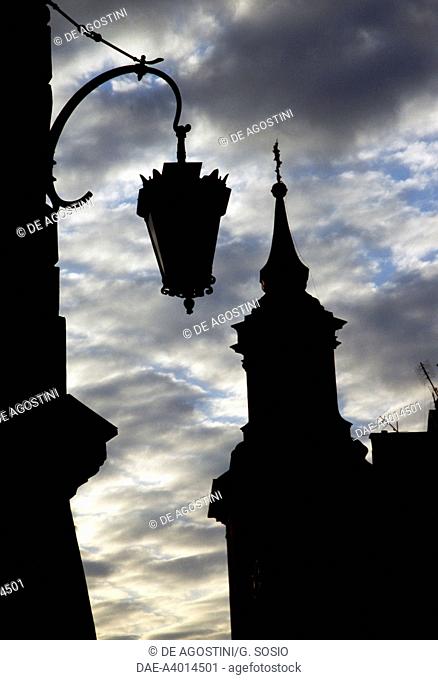 Backlit view with a street lamp in the foreground, Warsaw's Old Town (UNESCO World Heritage List, 1980), Poland