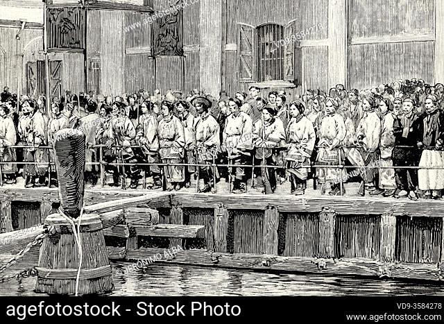 First Sino-Japanese War. Boarding of Chinese army soldiers in the port of Shanghai, China. Old XIX century engraved illustration from La Ilustracion Española y...