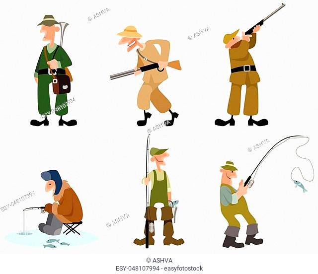 Vector illustration of a fishermen and hunters set