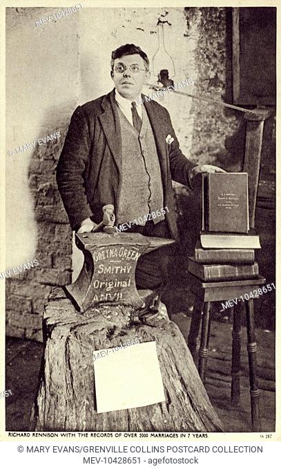 Richard Rennison - the Gretna Green Anvil Priest 1926 - 1940, pictured with books recording over 2000 marriages overseen at the Old Blacksmith's Shop at Gretna...