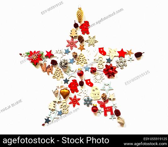 Christmas Star Build Of Vairous Christmas Decoration And Ornaments. White Isolated Background