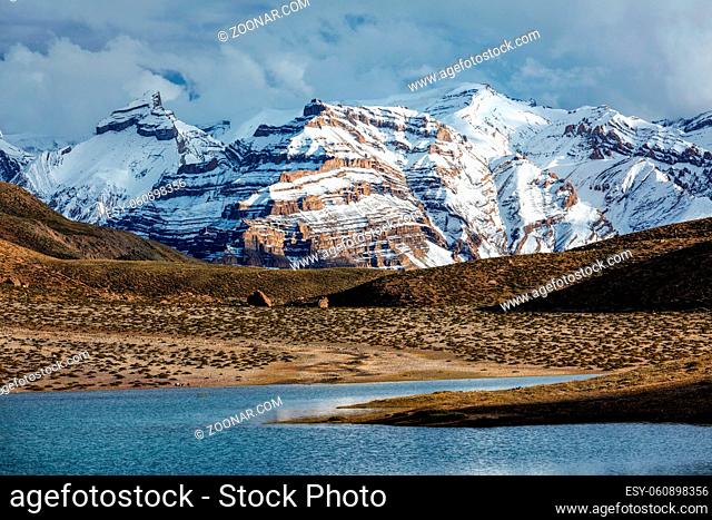 Himalayas mountains and mountain lake Dhankar Lake. Spiti Valley, Himachal Pradesh, India
