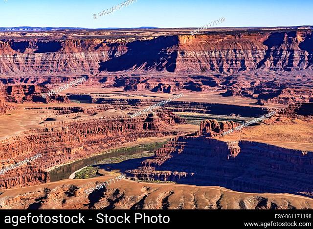 Green River Grand View Point Overlook Red Rock Canyons Canyonlands National Park Moab Utah USA Southwest. Green runs into Colorado River