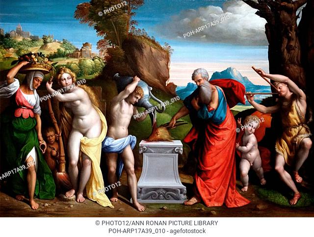 Painting titled 'A Pagan Sacrifice' by Benvenuto Tisi (1481-1559) a Late-Renaissance-Mannerist Italian painter of the School of Ferrara