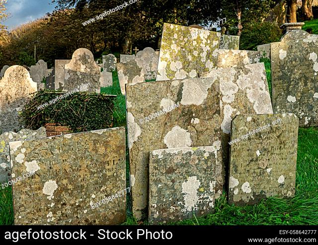 Stacks of gravestones in cemetery of St Morwenna and St John the Baptist in in Morwenstow, Cornwall