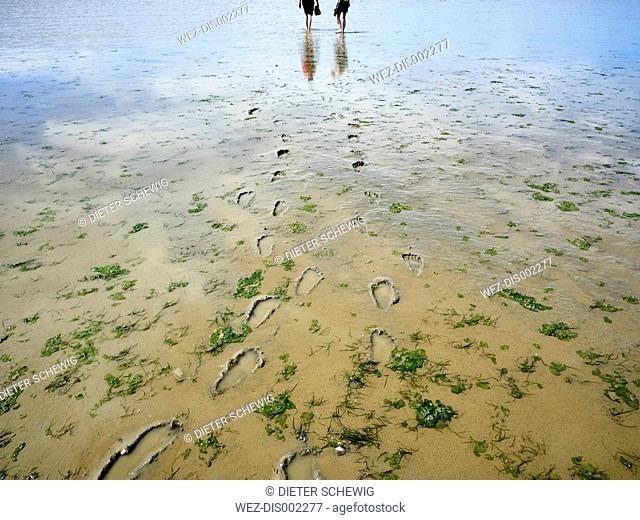 Canada, Iona Beach Regional Park, two women walking on beach at low tide