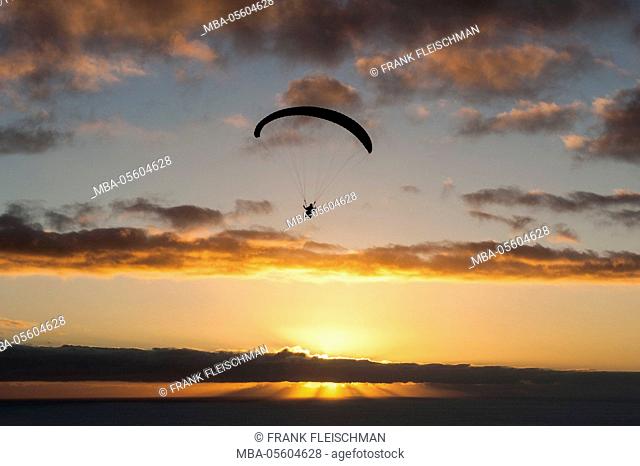 Paraglider, evening mood at the Atlantic, Puerto Naos, island La Palma, Canaries island, aerial picture, Spain