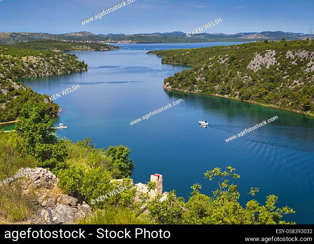 View from Sibenik or Krka Bridge down the Krka River. Sibenik-Knin County, Croatia