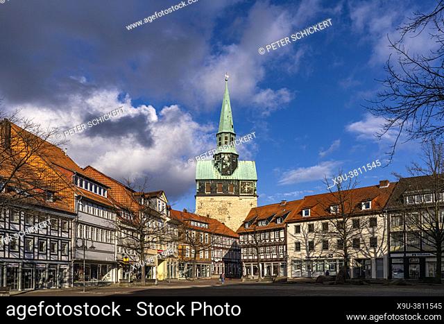 timbered houses on Kornmarkt grain market square and St Aegidien Church in Osterode am Harz, Lower Saxony, Germany