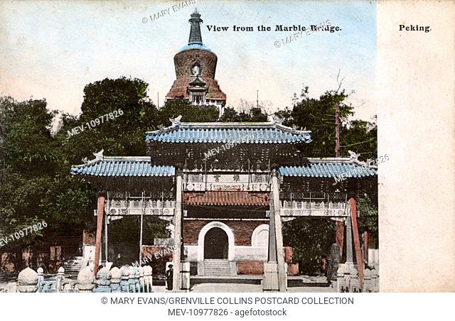 Beifei Park, Beijing, China - The White Dagoba (Pagoda or Stupa) on Qionghua Island as seen from the Marble Bridge