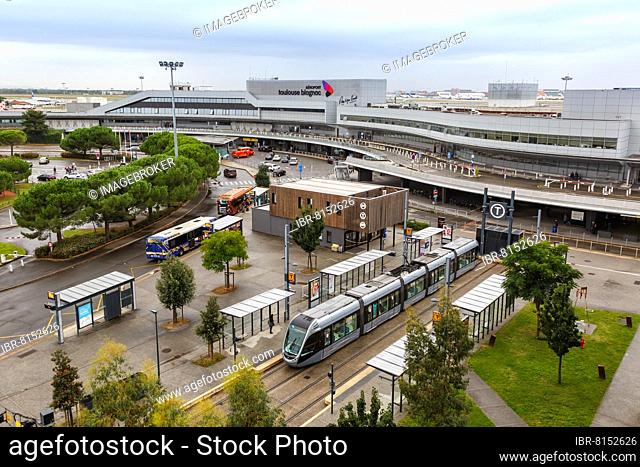 Modern Alstom Citadis light rail tram Public transport at Blagnac Airport in Toulouse, France, Europe