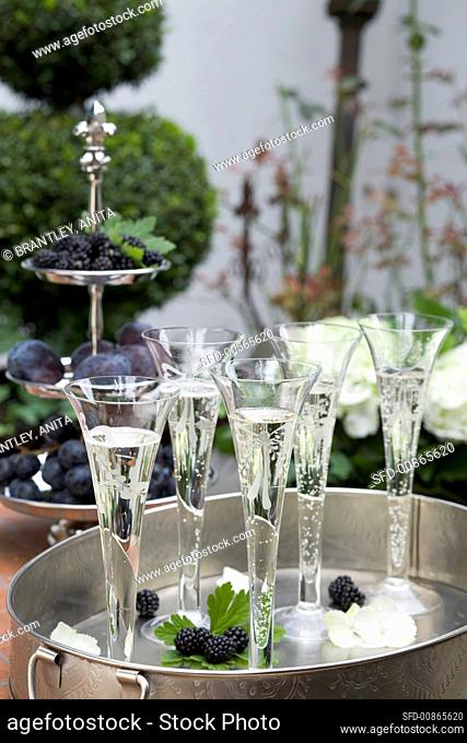 Champagne flutes on garden table with late summer decorations