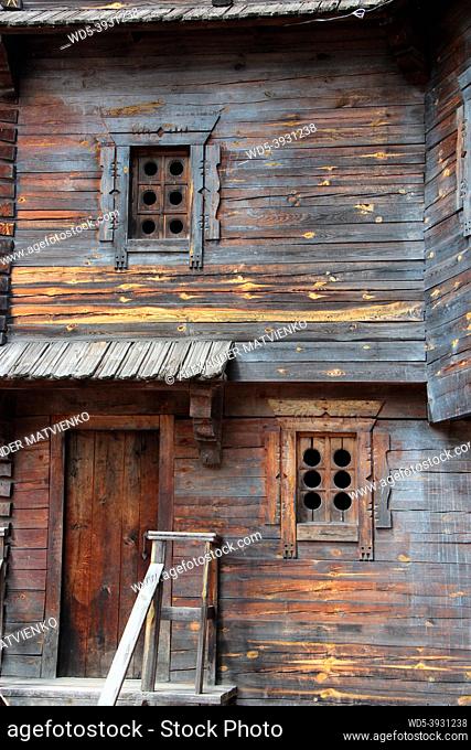 ancient wooden barrier building in Novhorod-Siverskii. Ancient Slavonic architecture of Novhorod-Siverskii fortress. Historical building