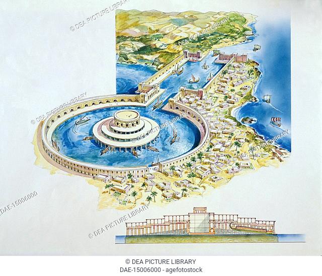Tunisia - Carthage (UNESCO World Heritage List, 1979). Reconstruction of the two Punic ports, drawing
