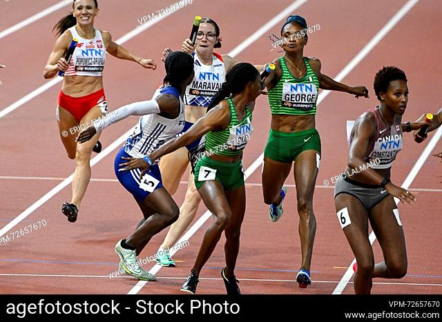 French Louise Maraval pictured in action during the 4x400m Women Relay heats at the World Athletics Championships in Budapest
