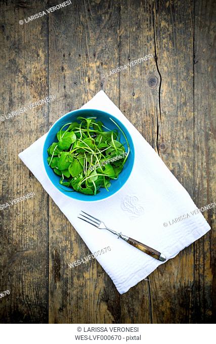 Bowl of winter purslane salad (Claytonia perfoliata) on white cloth napkin and wooden table, view from above
