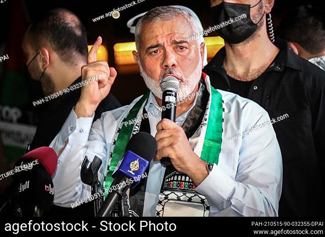 15 May 2021, Qatar, Doha: Hamas' political bureau chief Ismail Haniyeh speaks during a rally held in solidarity with Palestinians outside Doha's Imam Muhammad...