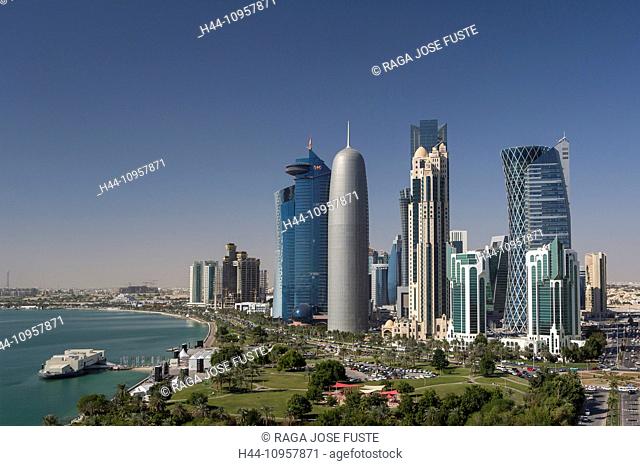 Burj, Doha, Qatar, Middle East, World Trade Center, architecture, bay, city, colourful, corniche, futuristic, green, panorama, park, promenade, skyline