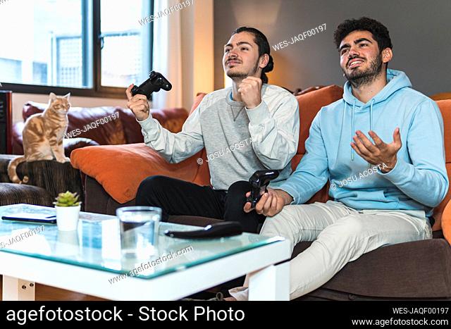 Young male friends playing video game while sitting on sofa in living room at home