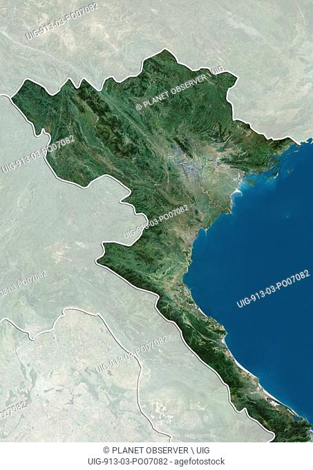 Satellite view of Northern Vietnam (with country boundaries and mask). This image was compiled from data acquired by Landsat satellites