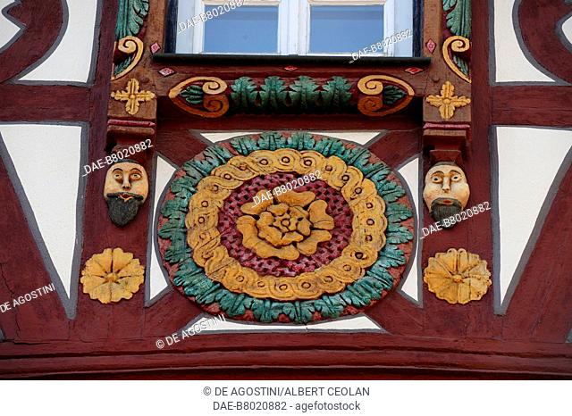 Decoration on the facade of Palmsches Haus, famous half-timbered house in Mosbach, Baden-Wurttemberg, Germany