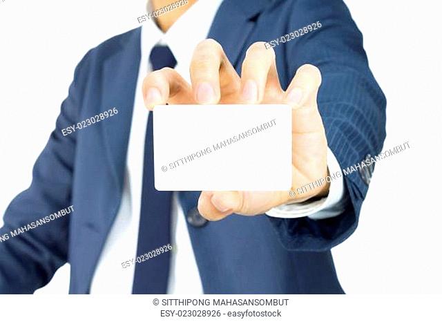 Businessman Hold Business Card or White Card Isolated on White Background