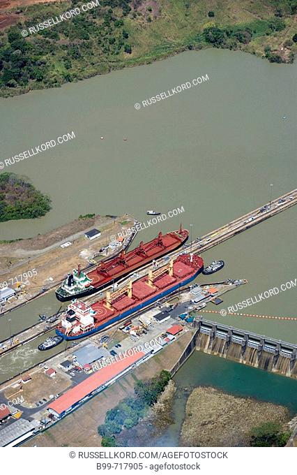 Bulk Food Carrier Ships Aerial Miraflores Locks Panama Canal Republic Of Panama