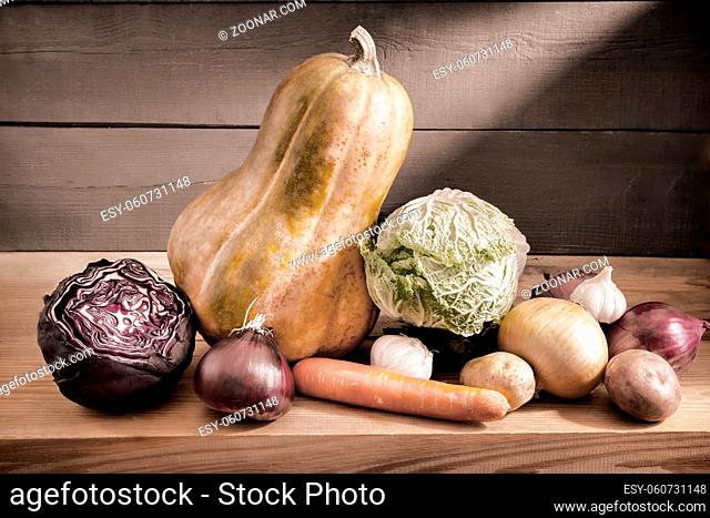 Still life: on a wooden shelf in the basement are pumpkins, carrots, red cabbage and white cabbage. Front view, copy space