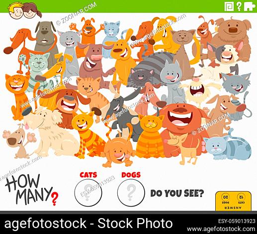 Illustration of educational counting game for children with cartoon cats and dogs characters