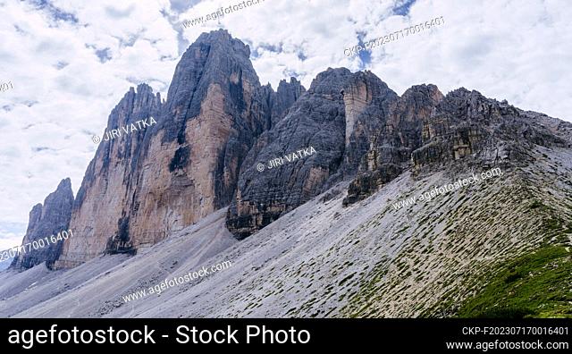 One of the best-known mountain groups in the Alps Tre Cime di Lavaredo (little peak, bik peak, western peak), Dolomites, Italy, July 7, 2023
