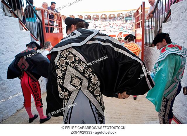 Bullfighters getting dressed for the paseillo or initial parade Taken at Linares bullring before a bullfight, Pozoblanco, Spain, 24 september 2010