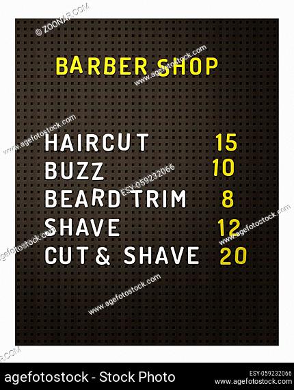 Isolated Retro Vintage Black Peg Board At A Barber Shop With Prices On A White Background