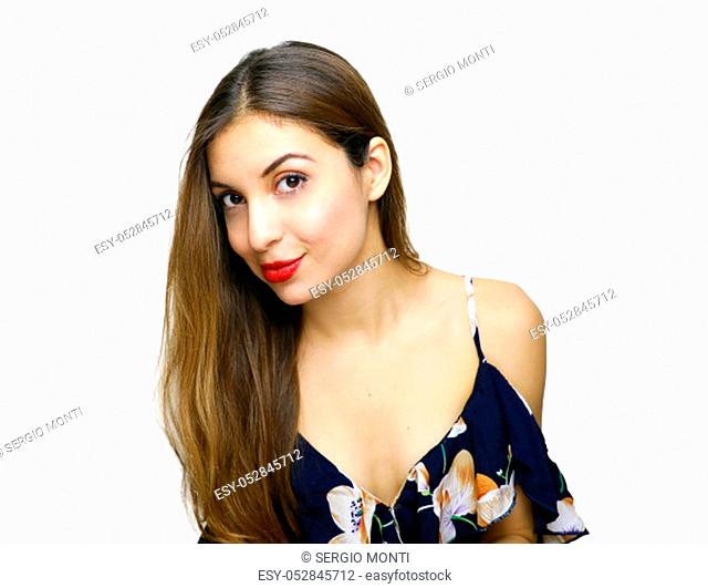 Portrait of young elegant beautiful woman in a blue flowered dress isolated on white background in studio