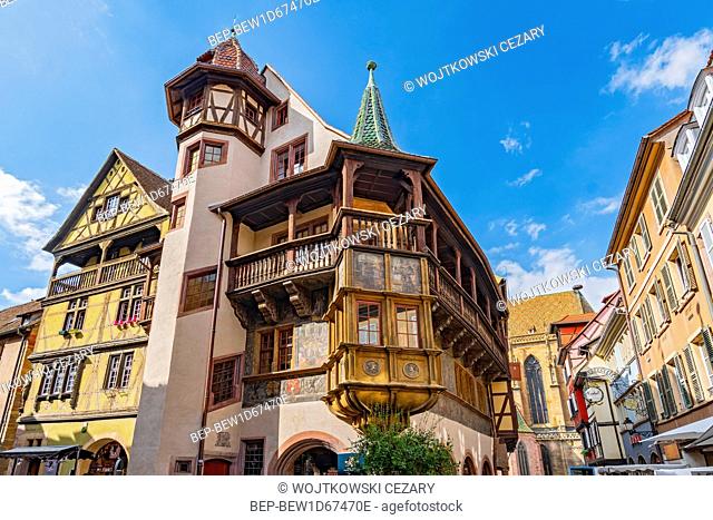Wooden balcony of the medieval house Maison Pfister at Colmar, Alsace France