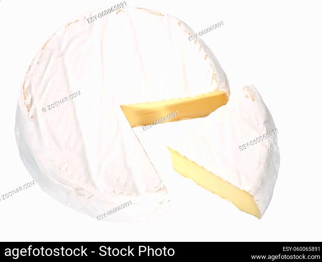 Camembert or brie soft ripened cheese with white mold, top view