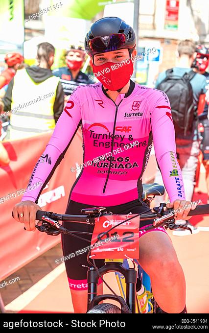 The cyclist Adriana San Román before starting the race in Madrid, Spain Jun 13, 2020. The former Tour de France winner cyclist competes in a MTB time trial in...