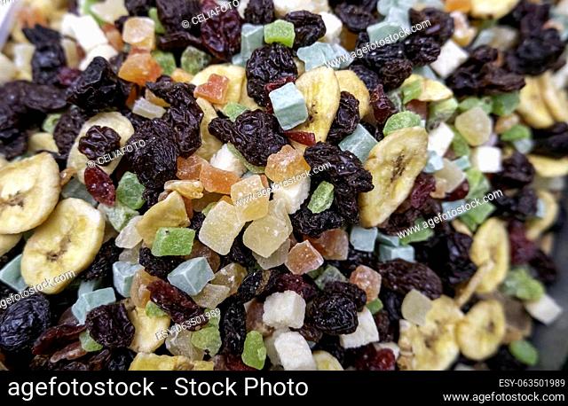 Detail of dried sweet fruits, healthy food and conservation