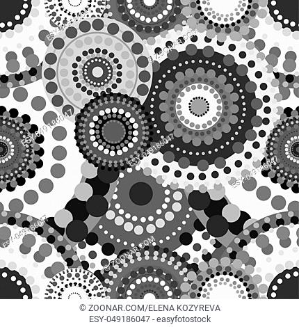Mechanical seamless pattern black white gray circles. Technological gear wheel mechanism vector ornament
