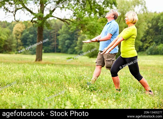 Senioren Paar in einem Wellness Kurs macht eine Qi Gong oder Tai Chi Übung