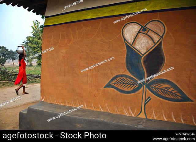 Mural painting in a tribal village ( West Bengal, India). The village is inhabited by the Santhal tribe