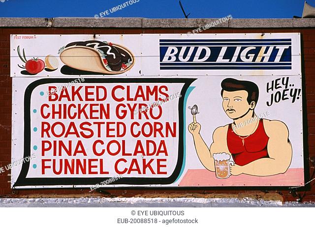 Coney Island. Sign for cafe, bar listing food and drink with painted illustrations of drinking man spinning a clam shell on his finger and American slang phrase...