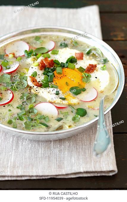 Sorrel and watercress soup with potatoes, fried egg, bacon and radishes
