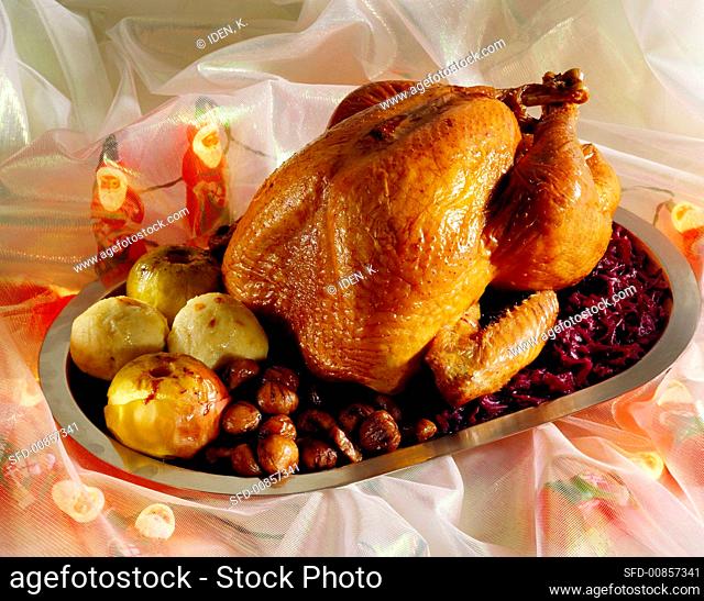 Christmas turkey with red cabbage, chestnuts & baked apples