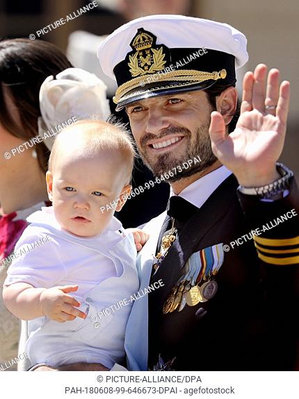 Prince Carl Philip and Prince Gabriel of Sweden posing for the press, on June 8, 2018, after the Christening of Princess Adrienne at the Drottningholm Palace...