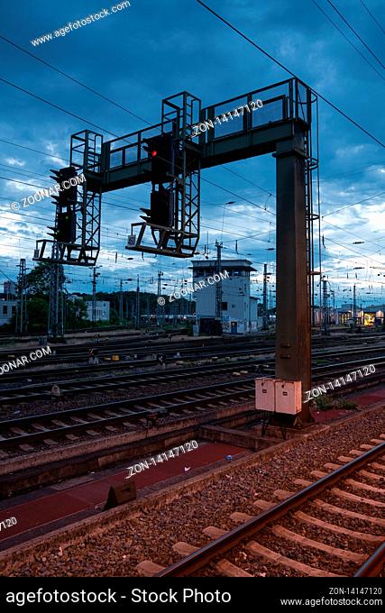 COLOGNE, GERMANY - JUNE 13, 2019: Urban infrastructure, railway system at sunset on June 13, 2019 in Germany