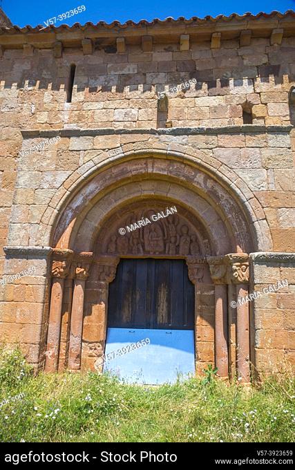 Facade of San Juan Bautista church. Tozalmoro, Soria province, Castilla Leon, Spain