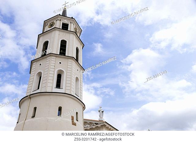 Bell tower of the cathedral. Cathedral Basilica of St Stanislaus and St Ladislaus of Vilnius is the main Roman Catholic Cathedral of Lithuania