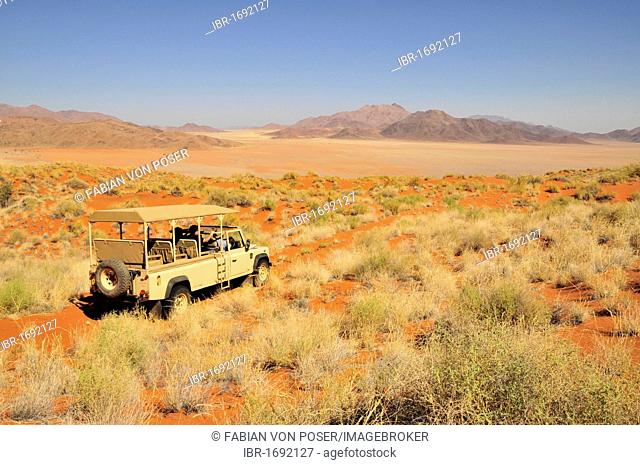 Safari vehicle of the Wolwedans Dune Lodge in the high grass of the dune landscape, Namib Rand Nature Reserve, in Wolwedans, Namib Desert, Namibia, Africa
