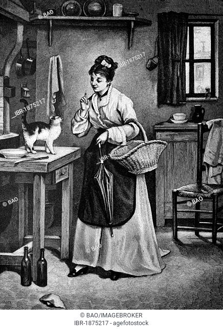 Woman reprimanding a cat, historical illustration, circa 1886